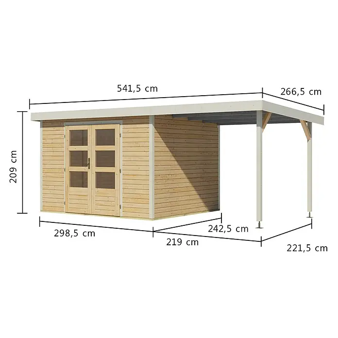Karibu Gartenhaus Jupiter 5 A - Außenmaß inkl. Dachüberstand (B x T): 541,5 x 266,5 cm, Holz, Naturbelassen/Weiß, Mit Seitendach - Gartenhaus aus Holz mit angebautem Carport, in Naturholzoptik.