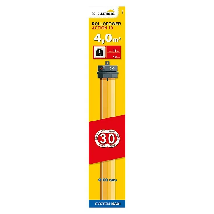 Schellenberg Motor tubular Maxi Action - Superficie de persiana enrollable máx.: 4 m² para persianas de plástico, Longitud de instalación: 500 mm, Fuerza de tracción: 18 kg - Motor para persianas Schellenberg RolloPower Action 10 con 4,0 m² de potencia, máx. 18 kg de fuerza de tracción y 10 Nm de par.