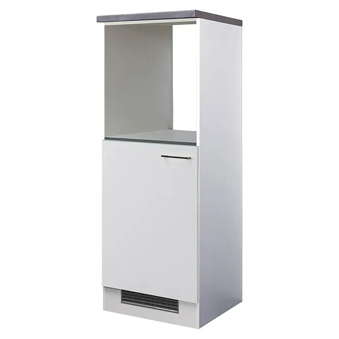 Flex-Well Rom  Demi-Geräteumbauschrank - 57 x 60 x 168,5 cm, Weiß, 1 Nische für integrierten Kühlschrank, 1 Nische für integrierten Backofen - Ein weißer Küchenschrank mit einem offenen Regalbereich oben und einer Tür mit einem horizontalen Griff im unteren Bereich.