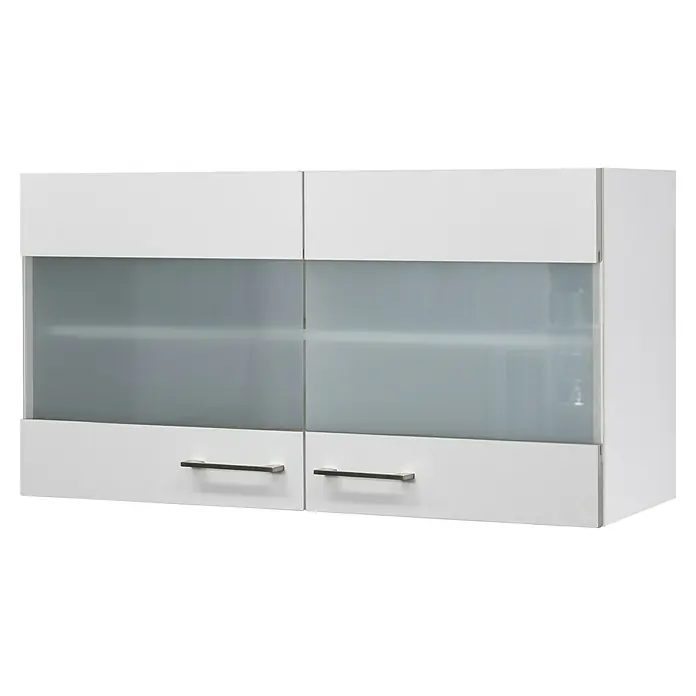 Flex-Well Rom  Küchen-Hängeschrank - 32 x 100 x 54,8 cm, Weiß - Aufnahme eines weißen Hängeschranks mit zwei Türen, die eine graue Glasplatte haben und mit minimalistischen Griffen versehen sind.