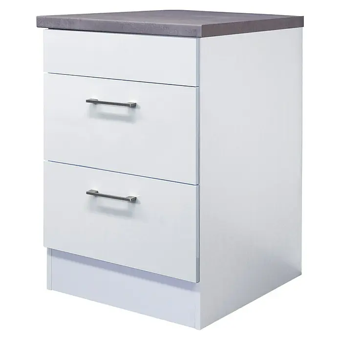 Flex-Well Rom  Unterschrank - 60 x 60 x 86 cm, Weiß, 2 Frontauszüge - Weißer Badezimmerunterschrank mit zwei Schubladen und einer grauen Arbeitsplatte, ideal für die Aufbewahrung von Badutensilien.