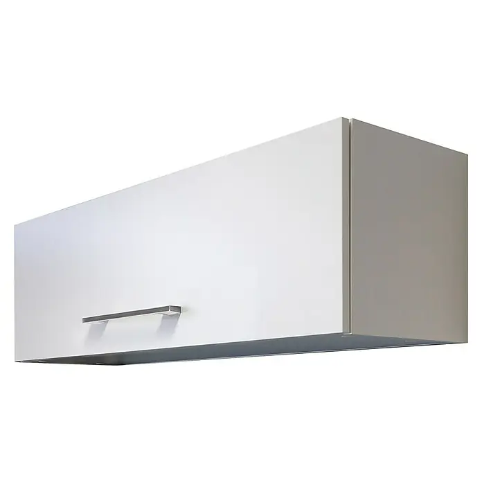 Flex-Well Rom  Küchen-Hängeschrank - 32 x 100 x 32 cm, Weiß - Nahaufnahme eines modernen, weißen Küchenschranks mit einem schlichten, horizontalen Griff vor einem dunklen Hintergrund.
