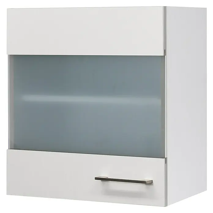 Flex-Well Rom  Küchen-Hängeschrank - 32 x 50 x 54,8 cm, Weiß - Nahaufnahme eines weißen Küchenschranks mit einer satinierten Glastür und einem Griff.