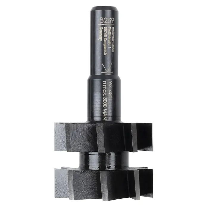 Wolfcraft Federfräser - Durchmesser: 30 mm - Das Bild zeigt einen wolfcraft Fräskopf mit der Artikelnummer 3259, geeignet für bis zu 3000 Umdrehungen pro Minute und einem Durchmesser von 30 mm.