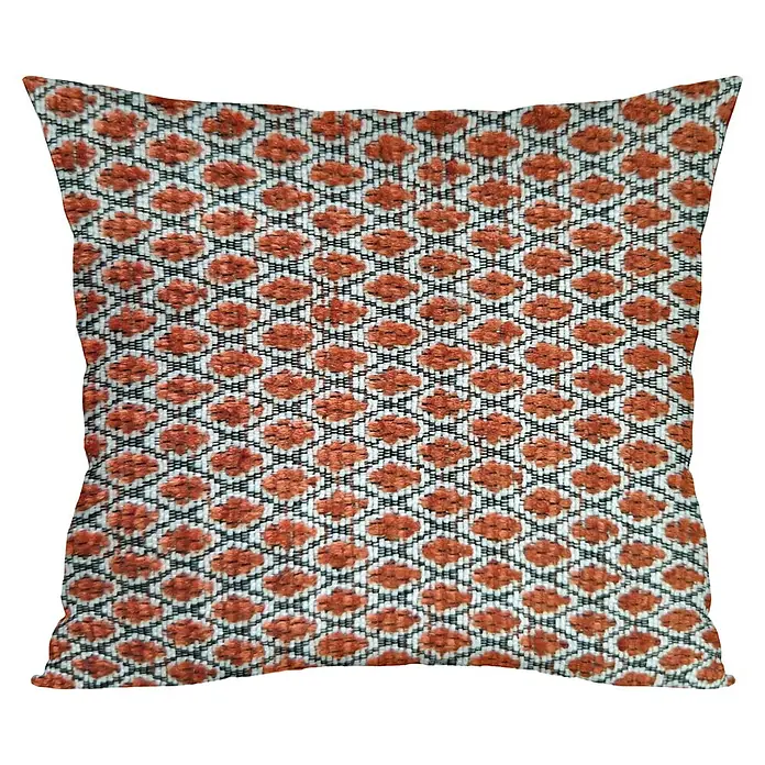 Cojín Sello - 45 x 45 cm, Textil, Teja, Cuadrado - Funda de cojín decorativa con un estampado geométrico de rombos naranjas sobre fondo blanco. Un accesorio elegante para cualquier hogar.