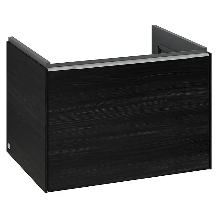 Villeroy & Boch Subway 3.0 Waschbeckenunterschrank - Black Oak, Anzahl Schubladen: 1 Stk., Farbe Griff: Aluminium glänzend, B x T x H: 62,2 x 47,8 x 42,9 cm, Mit Beleuchtung - Abbildung eines stilvollen, modernen Waschtischunterschranks in dunkler Holzoptik mit schlichten, geraden Linien.