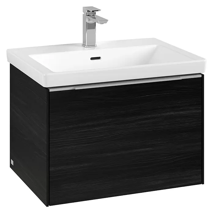 Villeroy & Boch Subway 3.0 Waschbeckenunterschrank - Black Oak, Anzahl Schubladen: 1 Stk., Farbe Griff: Aluminium glänzend, B x T x H: 62,2 x 47,8 x 42,9 cm, Mit Beleuchtung - Waschtischunterschrank in dunkler Holzoptik mit weißem Waschbecken und verchromter Armatur. Das moderne Design ist ein Hingucker.