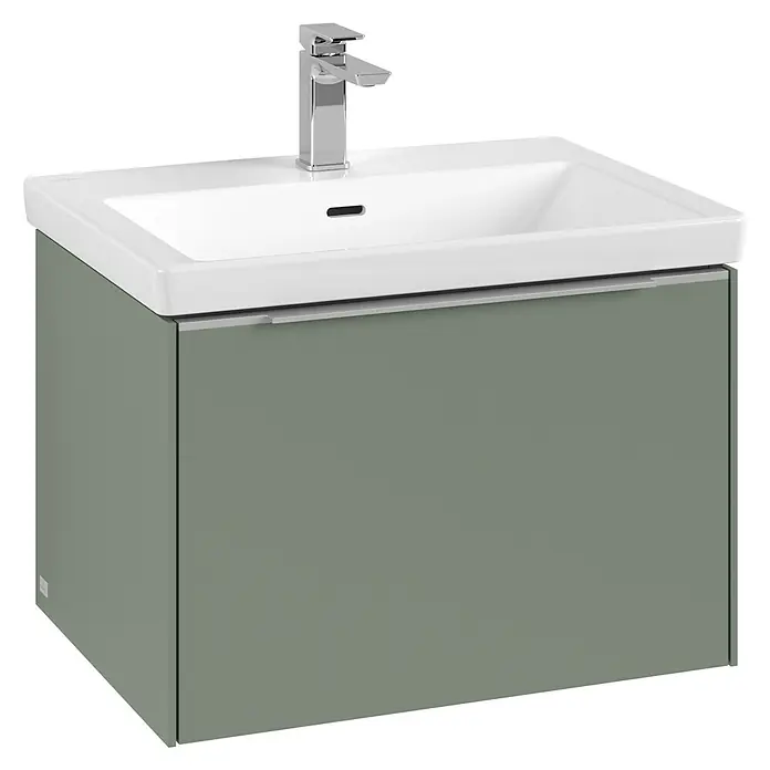 Villeroy & Boch Subway 3.0 Waschbeckenunterschrank - Soft Green, Anzahl Schubladen: 1 Stk., Farbe Griff: Aluminium glänzend, B x T x H: 62,2 x 47,8 x 42,9 cm, Mit Beleuchtung - Ein moderner Waschtischunterschrank in Salbeigrün mit einem weißen Waschbecken und einer glänzenden Armatur. Praktisch und stilvoll fürs Badezimmer.
