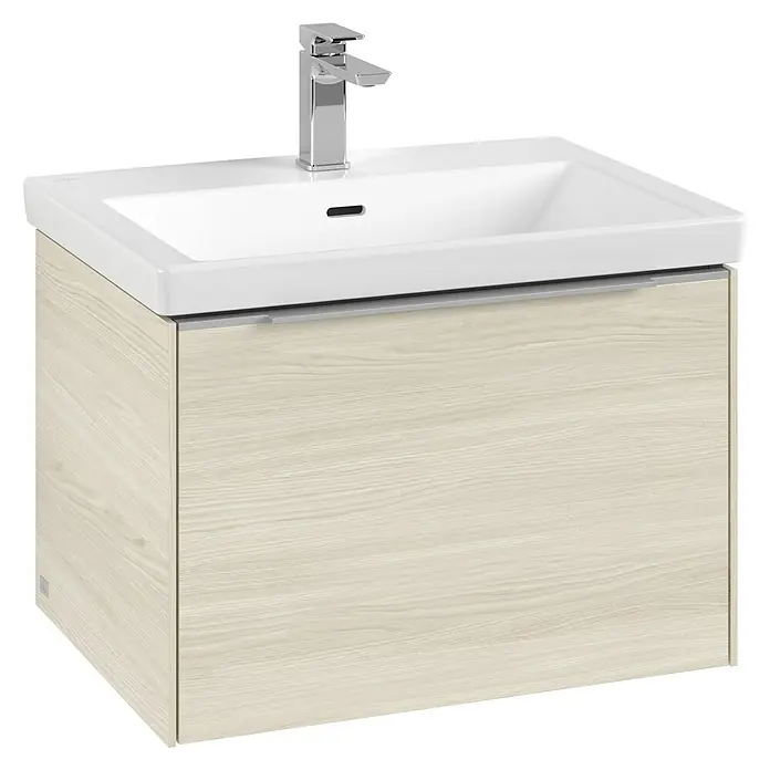 Villeroy & Boch Subway 3.0 Waschbeckenunterschrank - White Oak, Anzahl Schubladen: 1 Stk., Farbe Griff: Aluminium glänzend, B x T x H: 62,2 x 47,8 x 42,9 cm, Mit Beleuchtung - Unterschrank mit Waschbecken. Elegantes Waschbecken mit einem Unterschrank in heller Holzoptik und moderner Armatur für ein stilvolles Badezimmer.