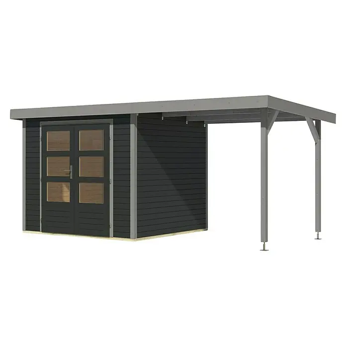 Karibu Gartenhaus Jupiter 3 C - Außenmaß inkl. Dachüberstand (B x T): 486,5 x 236,5 cm, Holz, Anthrazit/Grau - Moderne Gartenlaube mit Holztüren und einem Carport-artigen Anbau, ideal für entspannte Stunden im Freien und praktischen Stauraum.