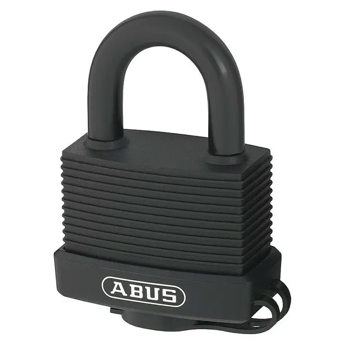 Abus Candado 70AL - An x Al: 49 x 68 mm, 1 ud., Aluminio - Candado negro ABUS con un diseño robusto para alta seguridad y protección contra las influencias climáticas.