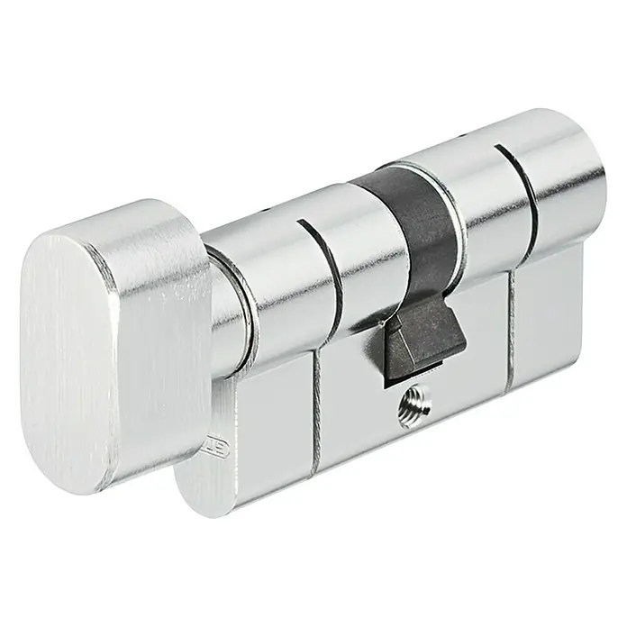 Abus Cilindro de perfil D6PS - Longitud total interior: 30 mm, Longitud total exterior: 40 mm, Número de llaves: 5 ud., Plata - Primer plano de un cilindro de cerradura plateado brillante con una sección central negra y un pomo en un extremo.