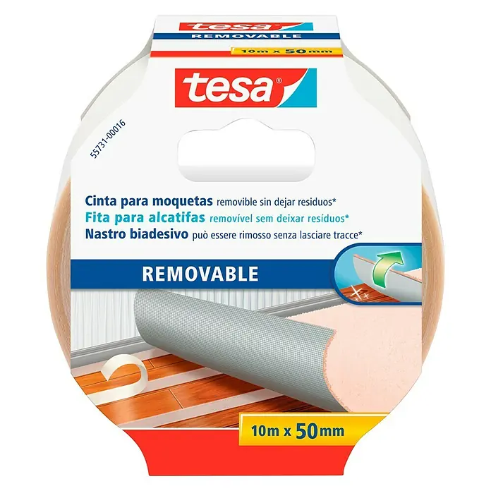 Tesa Cinta de doble cara para moquetas - 50 mm x 10 m - Cinta de moqueta removible Tesa: Ideal para fijar moquetas sin dejar residuos. Práctica y versátil para diversas aplicaciones.