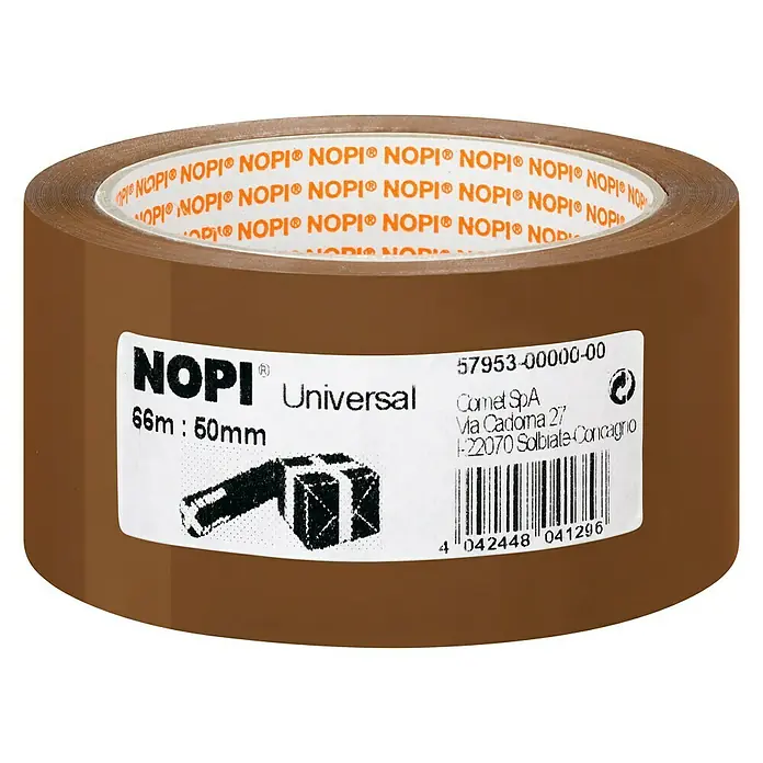 Tesa Cinta de embalaje Universal - 50 mm x 66 m, Marrón - Primer plano de un rollo marrón de cinta adhesiva NOPI Universal con información del producto en la etiqueta.