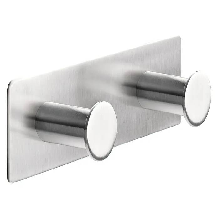 Tesa Powerbutton Doppelhaken Classic - Rechteckig, Edelstahl, Selbstklebend - Doppelter Handtuchhaken aus gebürstetem Edelstahl zur Wandmontage für Badezimmer und Küche.