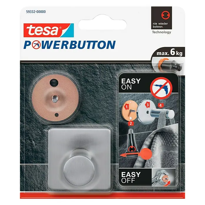 Tesa Powerbutton Wandhaken Classic - Rechteckig, Selbstklebend - Produktbild von Tesa Powerbutton: Eine innovative Lösung zur einfachen und schnellen Befestigung von Gegenständen bis zu 6 kg ohne Bohren.