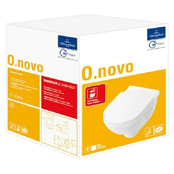 Villeroy & Boch O.novo Wand-WC-Set - Mit Spülrand, Mit schmutzabweisender Glasur, Spülform: Tief, WC Abgang: Waagerecht, Weiß - Abbildung einer O.novo CombiPack Toilette von Villeroy & Boch, die durch ihr Soft-Closing-System und Quick-Release-Funktion überzeugt.