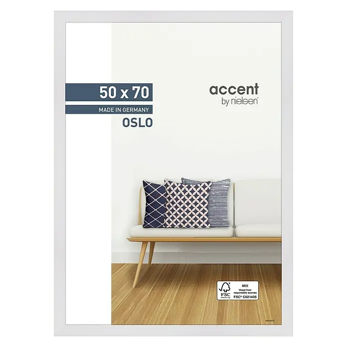 Accent Holzrahmen Oslo - 50 x 70 cm, Weiß - Das Bild zeigt einen weißen "accent by nielsen" Bilderrahmen (50x70 cm) des Modells Oslo, hergestellt in Deutschland.