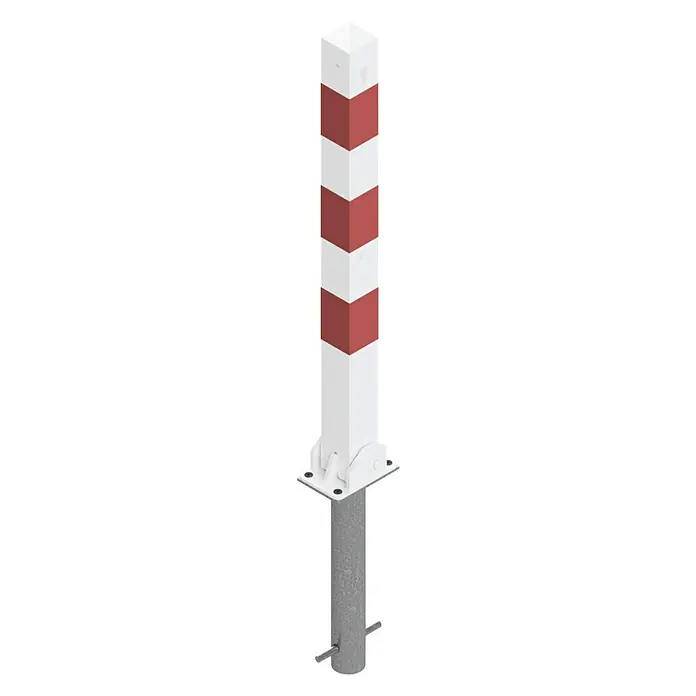 Schake Sperrpfosten - L x B x H: 70 x 70 x 1.300 mm, Stahl, Einbetonieren, Weiß/Rot, Profilzylinderschloss - Absperrpfosten mit rot-weißen Markierungen und Bodenbefestigung zur Verkehrssicherung und als Schutzvorrichtung.