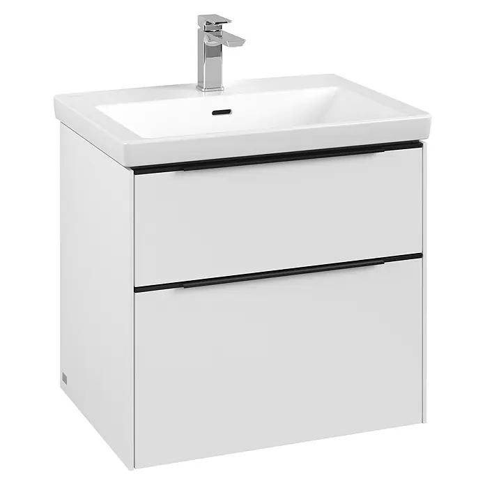 Villeroy & Boch Subway 3.0 Waschbeckenunterschrank - Pure White, Anzahl Schubladen: 2 Stk., Farbe Griff: Volcano Black, 62,2 x 47,8 x 57,6 cm - Modernes Waschbecken mit Unterschrank in Weiß mit minimalistischem Design und klaren Linien für ein stilvolles Badezimmer.