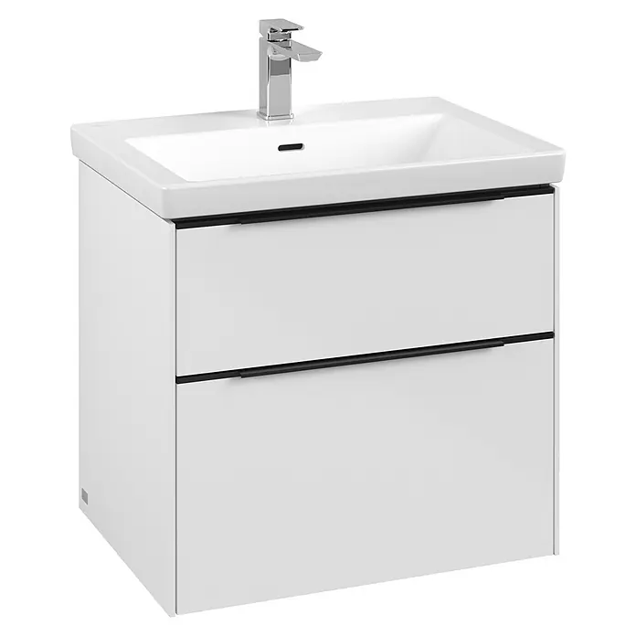 Villeroy & Boch Subway 3.0 Waschbeckenunterschrank - Brilliant White, Anzahl Schubladen: 2 Stk., Farbe Griff: Volcano Black, 62,2 x 47,8 x 57,6 cm - Weißer Waschtischunterschrank mit zwei Schubladen und einem modernen Chrom-Wasserhahn. Elegantes Design für jedes Badezimmer.