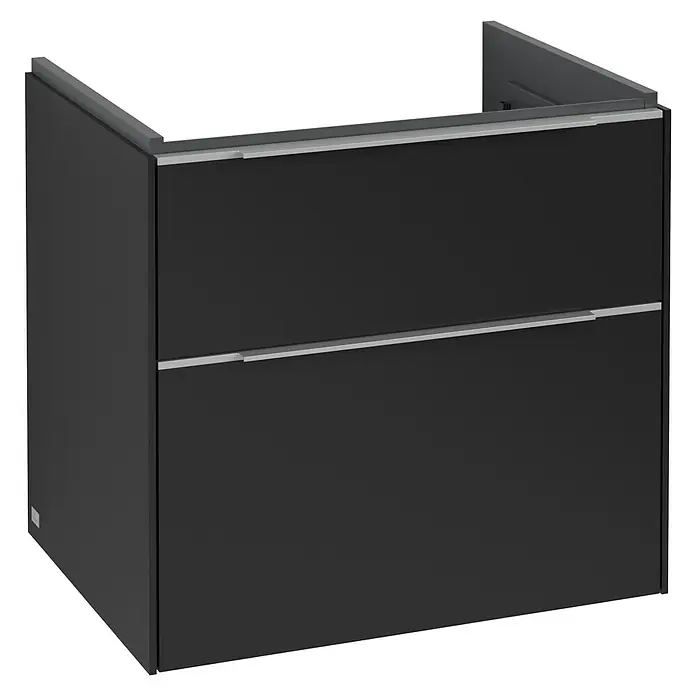 Villeroy & Boch Subway 3.0 Waschbeckenunterschrank - Volcano Black, Anzahl Schubladen: 2 Stk., Farbe Griff: Aluminium glänzend, 62,2 x 47,8 x 57,6 cm - Das Bild zeigt einen modernen, schwarzen Waschtischunterschrank mit zwei Schubladen und silbernen Griffen. Er ist minimalistisch und stilvoll gestaltet.