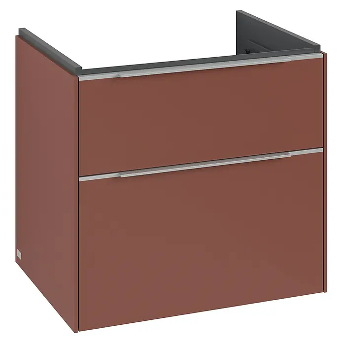Villeroy & Boch Subway 3.0 Waschbeckenunterschrank - Wine Red, Anzahl Schubladen: 2 Stk., Farbe Griff: Aluminium glänzend, 62,2 x 47,8 x 57,6 cm - Ein stilvoller, kastanienbrauner Waschtischunterschrank mit zwei Schubladen und eleganten silbernen Griffen, der modernes Design verkörpert.