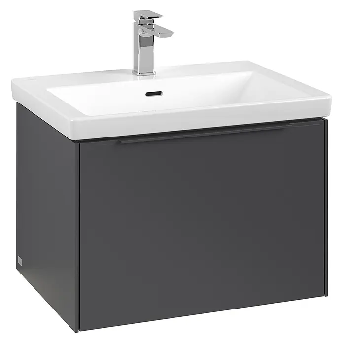 Villeroy & Boch Subway 3.0 Waschbeckenunterschrank - Graphite, Anzahl Schubladen: 1 Stk., Farbe Griff: Monochrom, B x T x H: 62,2 x 47,8 x 42,9 cm, Mit Beleuchtung - Grauer Waschtischunterschrank mit weißem Waschbecken und Chromarmatur für ein modernes Badezimmerdesign.