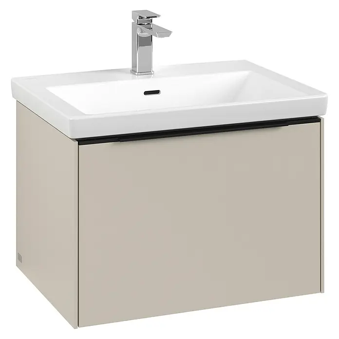Villeroy & Boch Subway 3.0 Waschbeckenunterschrank - Cashmere Grey, Anzahl Schubladen: 1 Stk., Farbe Griff: Volcano Black, B x T x H: 62,2 x 47,8 x 42,9 cm, Mit Beleuchtung - Moderne Waschtischkombination mit cremefarbenem Unterschrank und schlichtem Chrom-Wasserhahn für ein stilvolles Badezimmer.