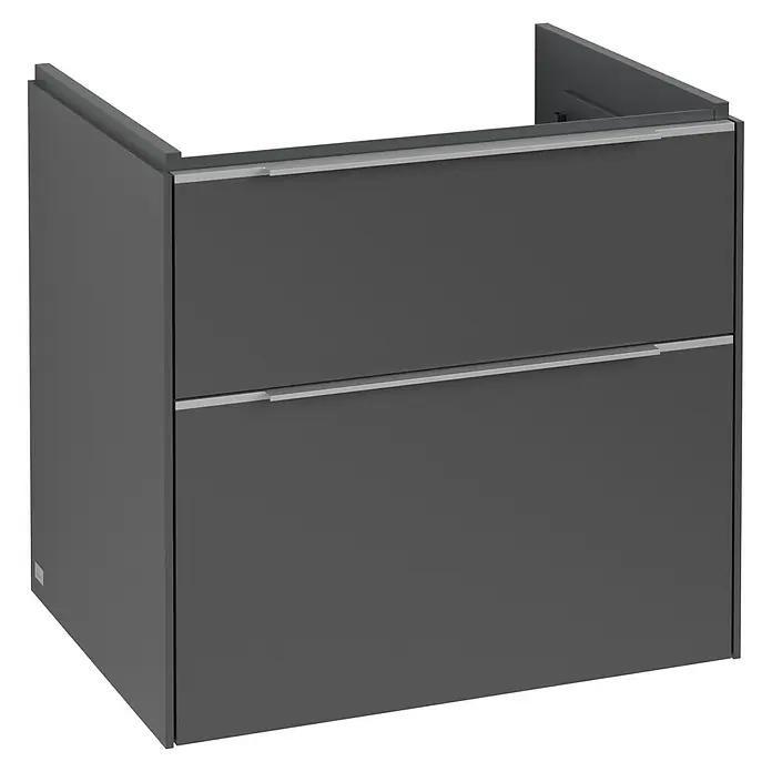 Villeroy & Boch Subway 3.0 Waschbeckenunterschrank - Graphite, Anzahl Schubladen: 2 Stk., Farbe Griff: Aluminium glänzend, 62,2 x 47,8 x 57,6 cm - Ein moderner, grauer Waschbeckenunterschrank mit zwei Schubladen und eleganten, silberfarbenen Griffen. Perfekt für ein stilvolles Badezimmer.
