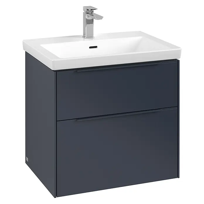 Villeroy & Boch Subway 3.0 Waschbeckenunterschrank - Marine Blue, Anzahl Schubladen: 2 Stk., Farbe Griff: Monochrom, 62,2 x 47,8 x 57,6 cm - Moderne Waschtischkombination in dunklem Anthrazit mit weißen Aufsatzwaschbecken und minimalistischer Armatur. Stilvolle Badmöbel für jedes Badezimmer.