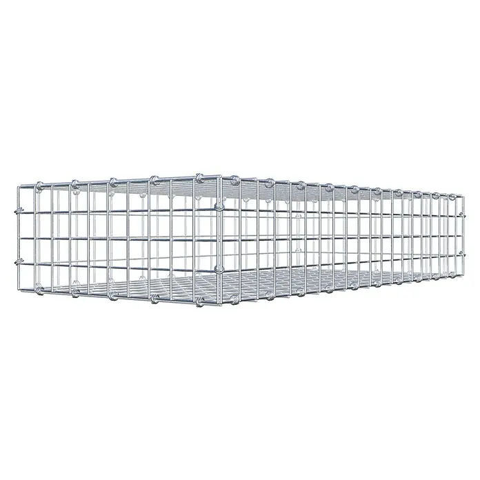 Gabiona Gabione - 100 x 50 x 20 cm, Maschenbreite: 5 cm, Maschenhöhe: 5 cm - Ein langes, leeres Gabionengitter aus silbernem Metall. Dieses Gitter eignet sich für Steine und Erdarbeiten und ist langlebig.