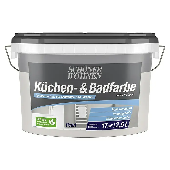 SCHÖNER WOHNEN-Farbe Bad- & Küchenfarbe - Pearl, 2,5 l, Matt - Eimer Küchen- & Badfarbe von Schöner Wohnen, Farbe Pearl, 2,5L, matt für Innen, Langzeitschutz vor Schimmel- und Pilzbefall.
