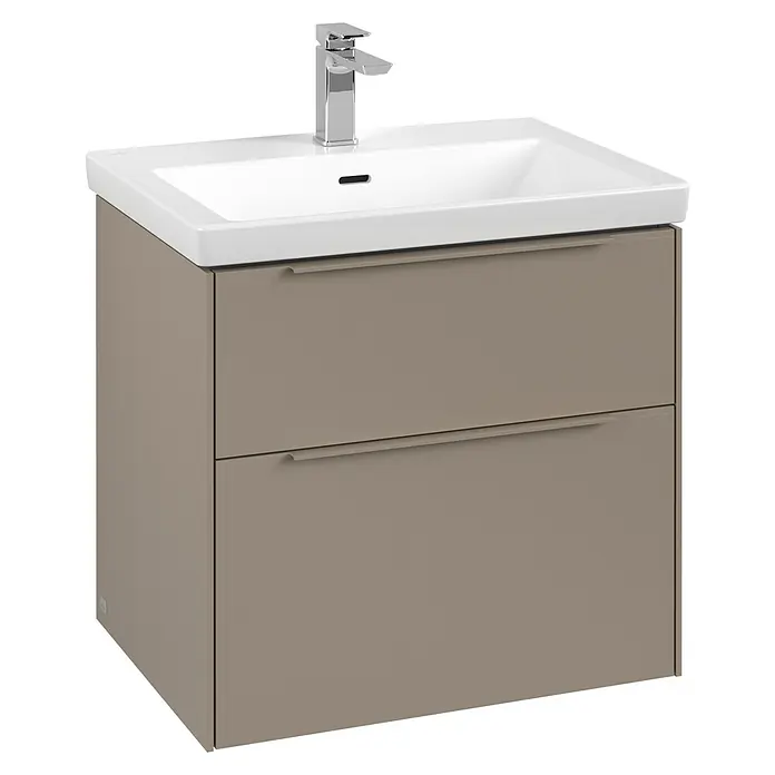 Villeroy & Boch Subway 3.0 Waschbeckenunterschrank - Taupe, Anzahl Schubladen: 2 Stk., Farbe Griff: Monochrom, 62,2 x 47,8 x 57,6 cm - Ein moderner Badwaschtisch mit zwei Schubladen und einem weißen Aufsatzwaschbecken mit Armatur.