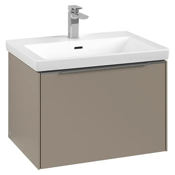 Villeroy & Boch Subway 3.0 Waschbeckenunterschrank - Taupe, Anzahl Schubladen: 1 Stk., Farbe Griff: Aluminium glänzend, B x T x H: 62,2 x 47,8 x 42,9 cm, Mit Beleuchtung - Ein moderner Waschtisch mit Unterschrank in Taupe und weißem Waschbecken, ideal für ein stilvolles Badezimmerdesign.