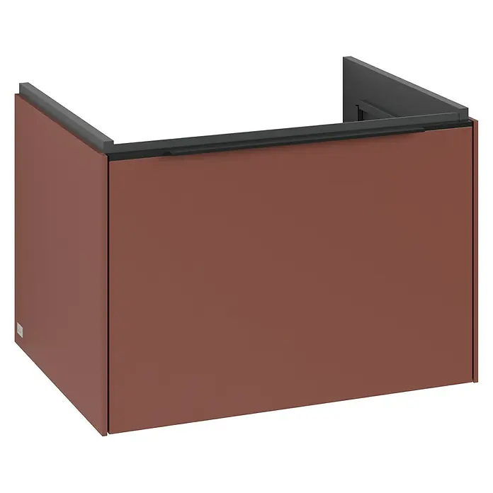 Villeroy & Boch Subway 3.0 Waschbeckenunterschrank - Wine Red, Anzahl Schubladen: 1 Stk., Farbe Griff: Volcano Black, B x T x H: 62,2 x 47,8 x 42,9 cm, Mit Beleuchtung - Das Bild zeigt ein modernes, kastenförmiges Badezimmermöbel in einem warmen Braunton mit einer dunklen Oberseite. Praktisches Design für jedes Bad.