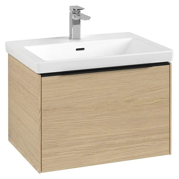 Villeroy & Boch Subway 3.0 Waschbeckenunterschrank - Nordik Oak, Anzahl Schubladen: 1 Stk., Farbe Griff: Volcano Black, B x T x H: 62,2 x 47,8 x 42,9 cm, Mit Beleuchtung - Waschtischunterschrank mit Holzstruktur und Chromarmatur. Das moderne Design passt ideal ins Badezimmer.