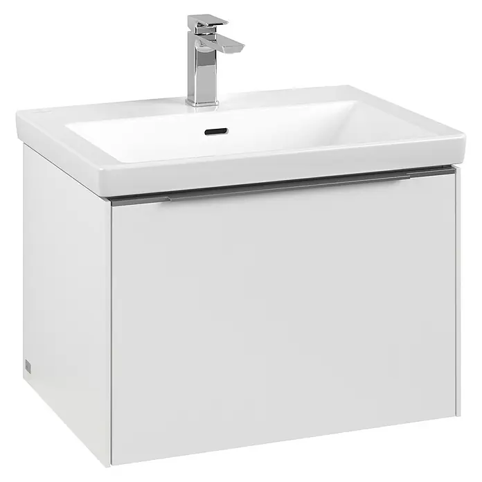 Villeroy & Boch Subway 3.0 Waschbeckenunterschrank - Pure White, Anzahl Schubladen: 1 Stk., Farbe Griff: Aluminium glänzend, B x T x H: 62,2 x 47,8 x 42,9 cm, Mit Beleuchtung - Das Bild zeigt einen modernen Waschtischunterschrank in Weiß mit einem Aufsatzwaschbecken und einer eleganten Armatur. Praktische Badmöbel für mehr Stauraum.