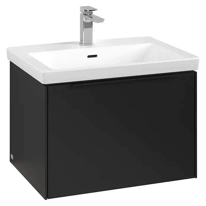 Villeroy & Boch Subway 3.0 Waschbeckenunterschrank - Volcano Black, Anzahl Schubladen: 1 Stk., Farbe Griff: Volcano Black, B x T x H: 62,2 x 47,8 x 42,9 cm, Mit Beleuchtung - Elegantes Waschbecken mit schwarzem Unterschrank. Das moderne Design umfasst eine Armatur und ein schlichtes, weißes Waschbecken.