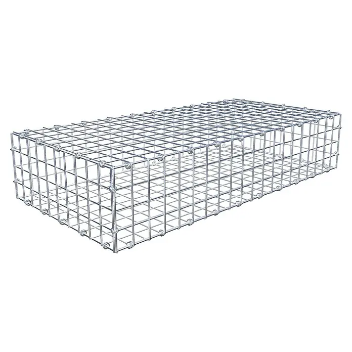 Gabiona Gabione - 100 x 50 x 20 cm, Maschenbreite: 5 cm, Maschenhöhe: 5 cm - Nahaufnahme eines rechteckigen Gabionenkäfigs aus verzinktem Drahtgeflecht, der Stabilität und Haltbarkeit für verschiedene Anwendungen bietet.