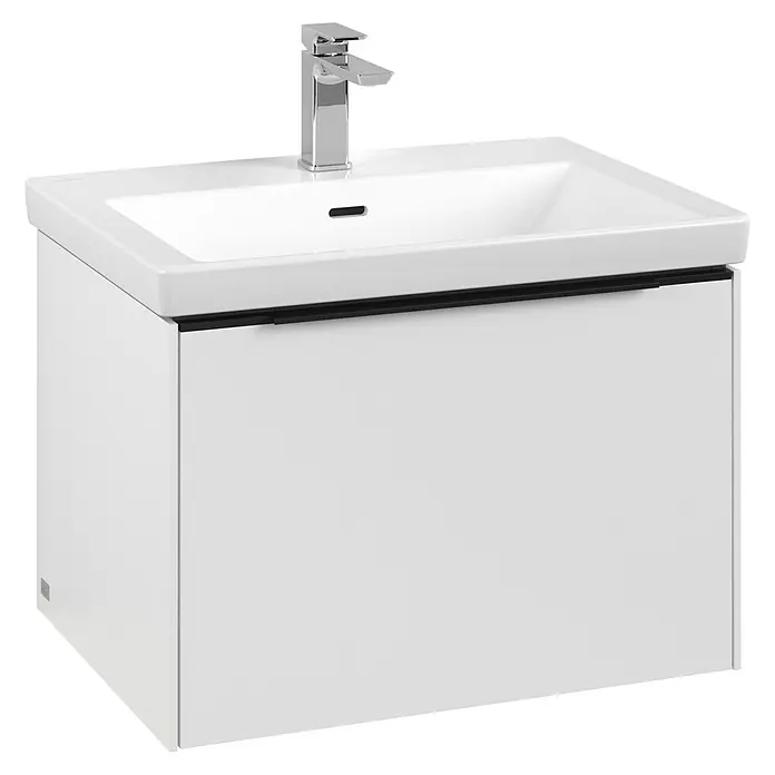 Villeroy & Boch Subway 3.0 Waschbeckenunterschrank - Pure White, Anzahl Schubladen: 1 Stk., Farbe Griff: Volcano Black, B x T x H: 62,2 x 47,8 x 42,9 cm, Mit Beleuchtung - Ein schicker, weißer Waschtisch mit einem modernen Chromhahn, der jedem Badezimmer einen Hauch von Eleganz verleiht. Perfekt für ein stilvolles Ambiente.