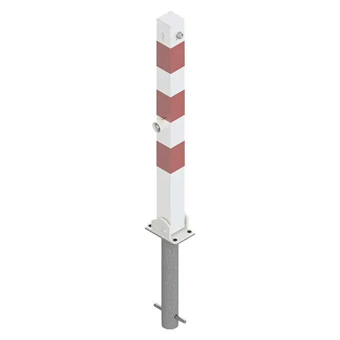 Schake Sperrpfosten - L x B x H: 70 x 70 x 1.300 mm, Stahl, Einbetonieren, Weiß, Rot, Dreikantverriegelung - Absperrpfosten mit rot-weißen Streifen und Bodenbefestigung zur Verkehrssicherung und Abgrenzung von Bereichen.