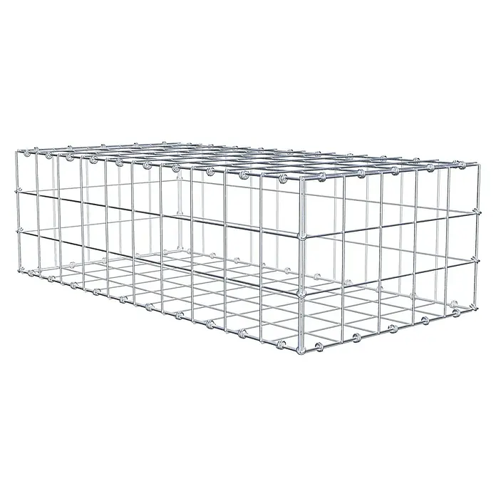 Gabiona Gabione - 100 x 50 x 30 cm, Maschenbreite: 10 cm, Maschenhöhe: 10 cm - Illustration eines Gabionenkäfigs aus Draht, der typischerweise für Stützmauern oder dekorative Zwecke im Gartenbau verwendet wird.