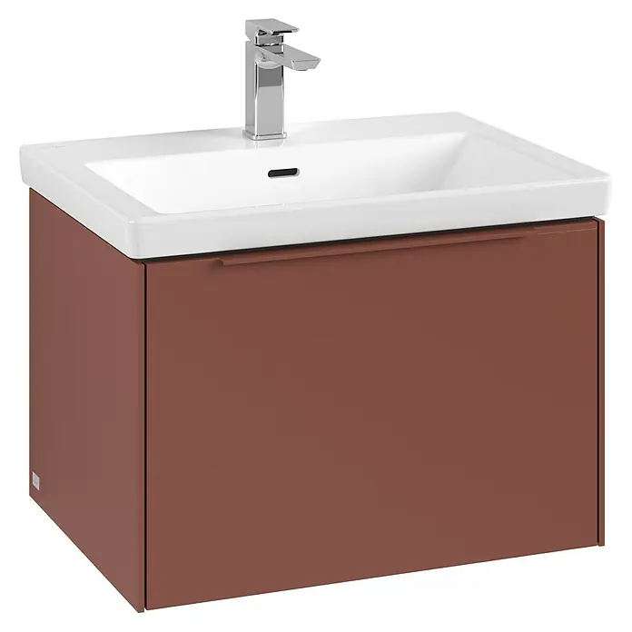 Villeroy & Boch Subway 3.0 Waschbeckenunterschrank - Wine Red, Anzahl Schubladen: 1 Stk., Farbe Griff: Monochrom, B x T x H: 62,2 x 47,8 x 42,9 cm, Mit Beleuchtung - Moderner Waschtischunterschrank in Braun mit weißem Aufsatzwaschbecken und verchromter Armatur für das Badezimmer.