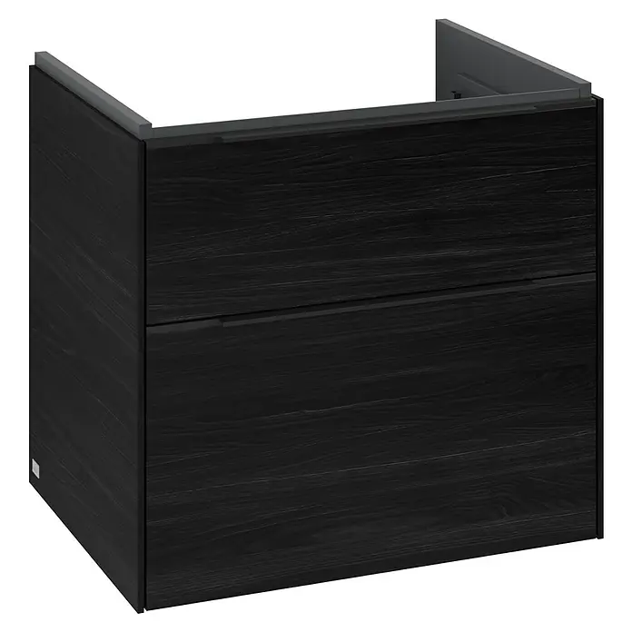 Villeroy & Boch Subway 3.0 Waschbeckenunterschrank - Black Oak, Anzahl Schubladen: 2 Stk., Farbe Griff: Volcano Black, 62,2 x 47,8 x 57,6 cm - Schwarzer Waschtischunterschrank mit zwei Schubladen und einer dunklen Abdeckung für ein modernes Badezimmerdesign.