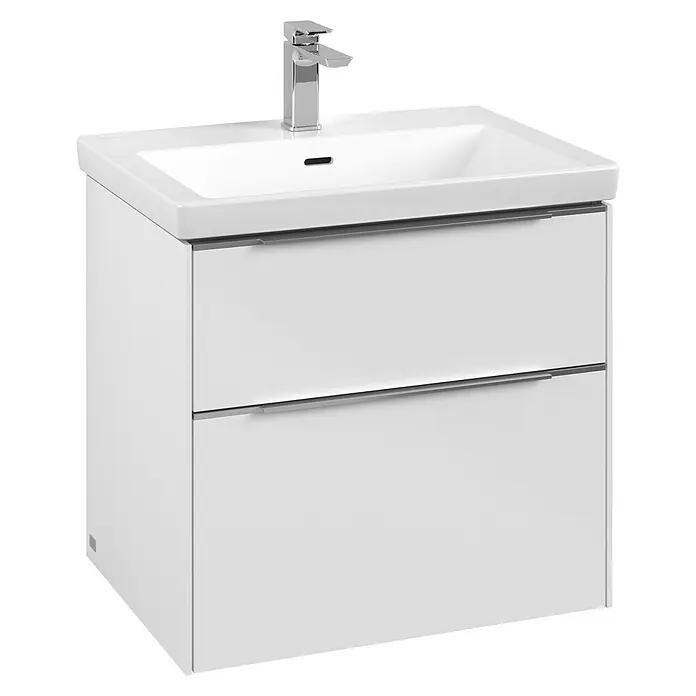 Villeroy & Boch Subway 3.0 Badmöbel-Set - Gesamtbreite Badmöbel: 62,2 cm, Brilliant White, Waschbecken in Stone White mit schmutzabweisender Glasur - Ein moderner weißer Waschtisch mit zwei Schubladen und einem eleganten Aufsatzwaschbecken mit Chromarmatur.