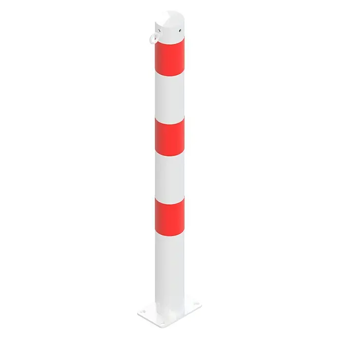 Schake Sperrpfosten - Ø x H: 76 x 900 mm, Stahl, Aufdübeln, Weiß/Rot, Öse - Ein rot-weiß gestreifter Sicherheitspoller mit Befestigungsplatte und Öse, ideal zur Verkehrsleitung und Absperrung von Bereichen.