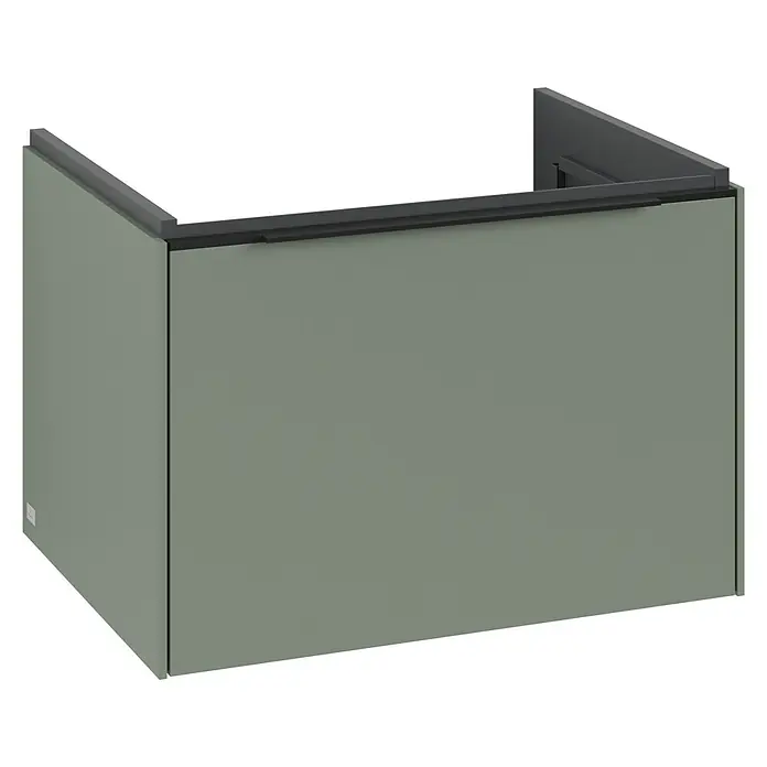 Villeroy & Boch Subway 3.0 Waschbeckenunterschrank - Soft Green, Anzahl Schubladen: 1 Stk., Farbe Griff: Volcano Black, B x T x H: 62,2 x 47,8 x 42,9 cm, Mit Beleuchtung - Das Bild zeigt eine moderne, grüne Duschwand mit dunklen Akzenten, die ein elegantes Badezimmerdesign ergänzt.