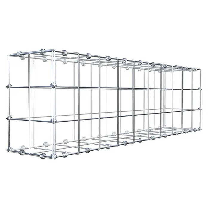 Gabiona Gabione - 100 x 20 x 30 cm, Maschenbreite: 10 cm, Maschenhöhe: 10 cm - Ein quaderförmiger Drahtgitterkorb, ideal für Gabionen oder zur Verwendung in Landschaftsgestaltung, ist auf dem Bild zu sehen.