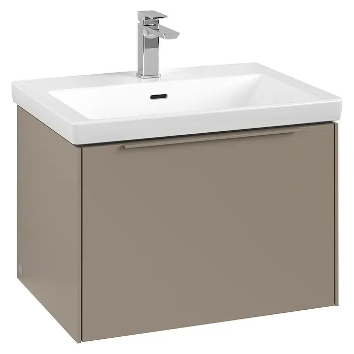 Villeroy & Boch Subway 3.0 Waschbeckenunterschrank - Taupe, Anzahl Schubladen: 1 Stk., Farbe Griff: Monochrom, B x T x H: 62,2 x 47,8 x 42,9 cm, Mit Beleuchtung - Ein moderner Waschtischunterschrank in Taupe mit einem Aufsatzwaschbecken in Weiß und einer Armatur in Chrom. Praktische Stauraumlösung fürs Bad.